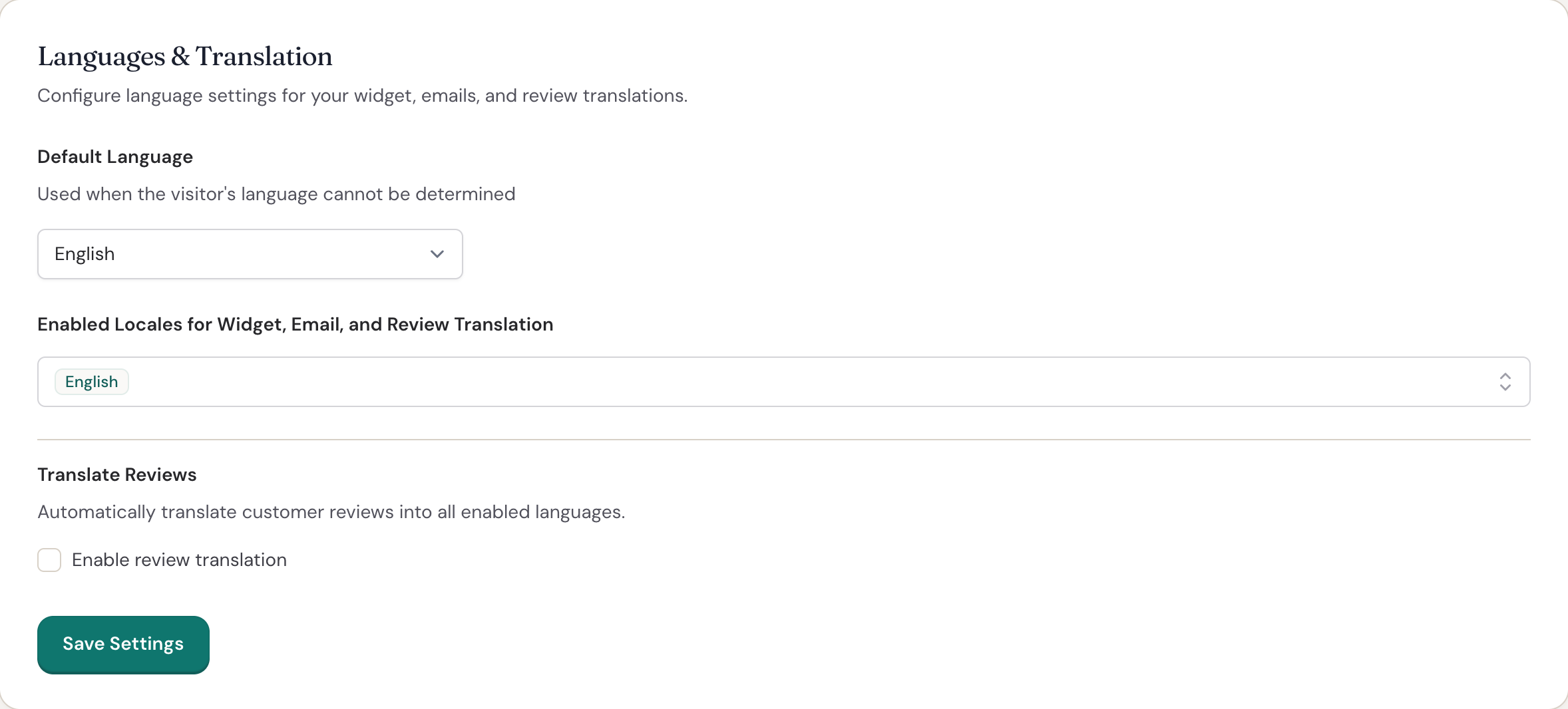 The Languages and Translation settings showing the default language and other enabled languages