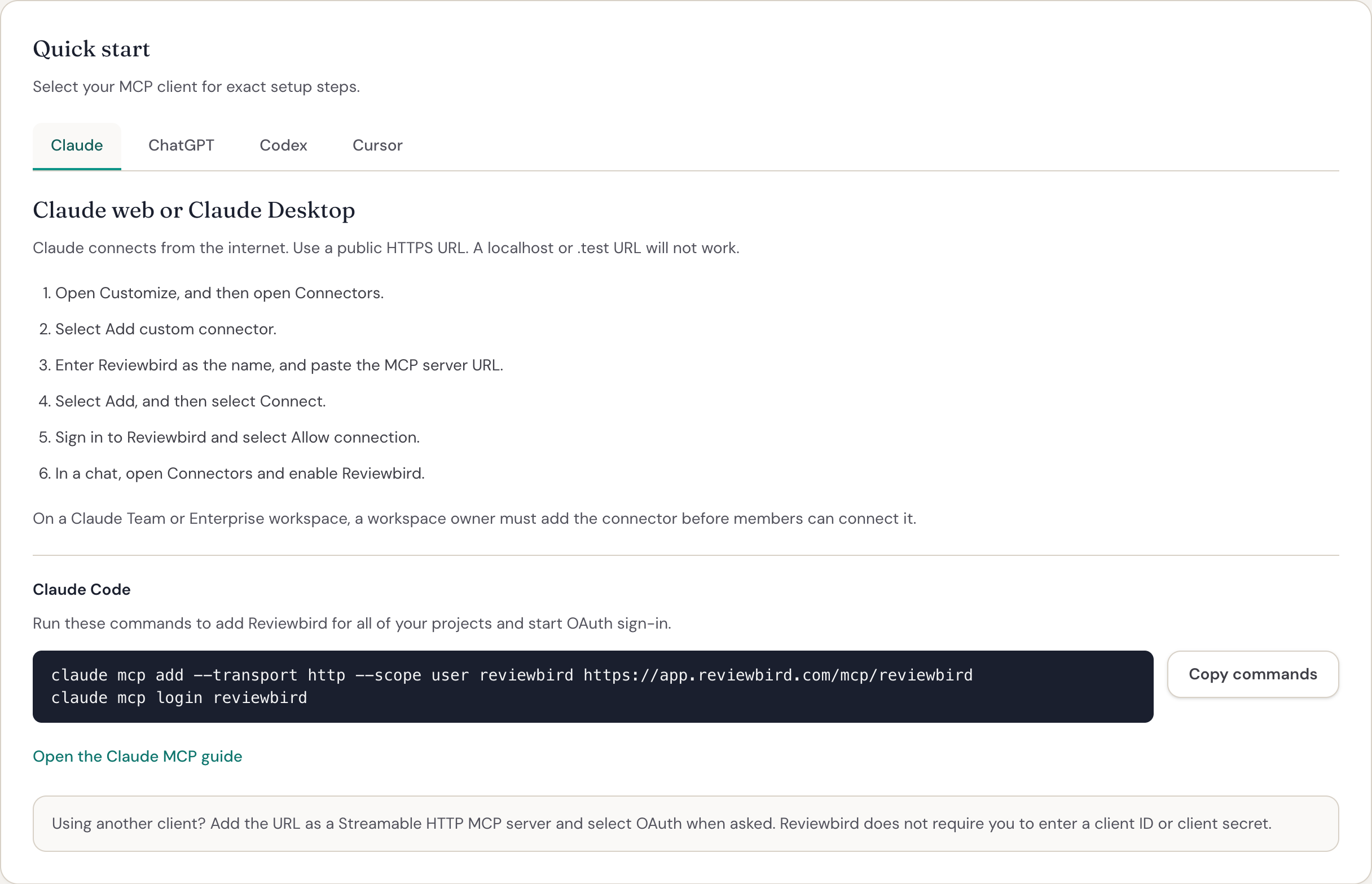 Reviewbird supplies ready-to-copy setup commands for supported AI clients.