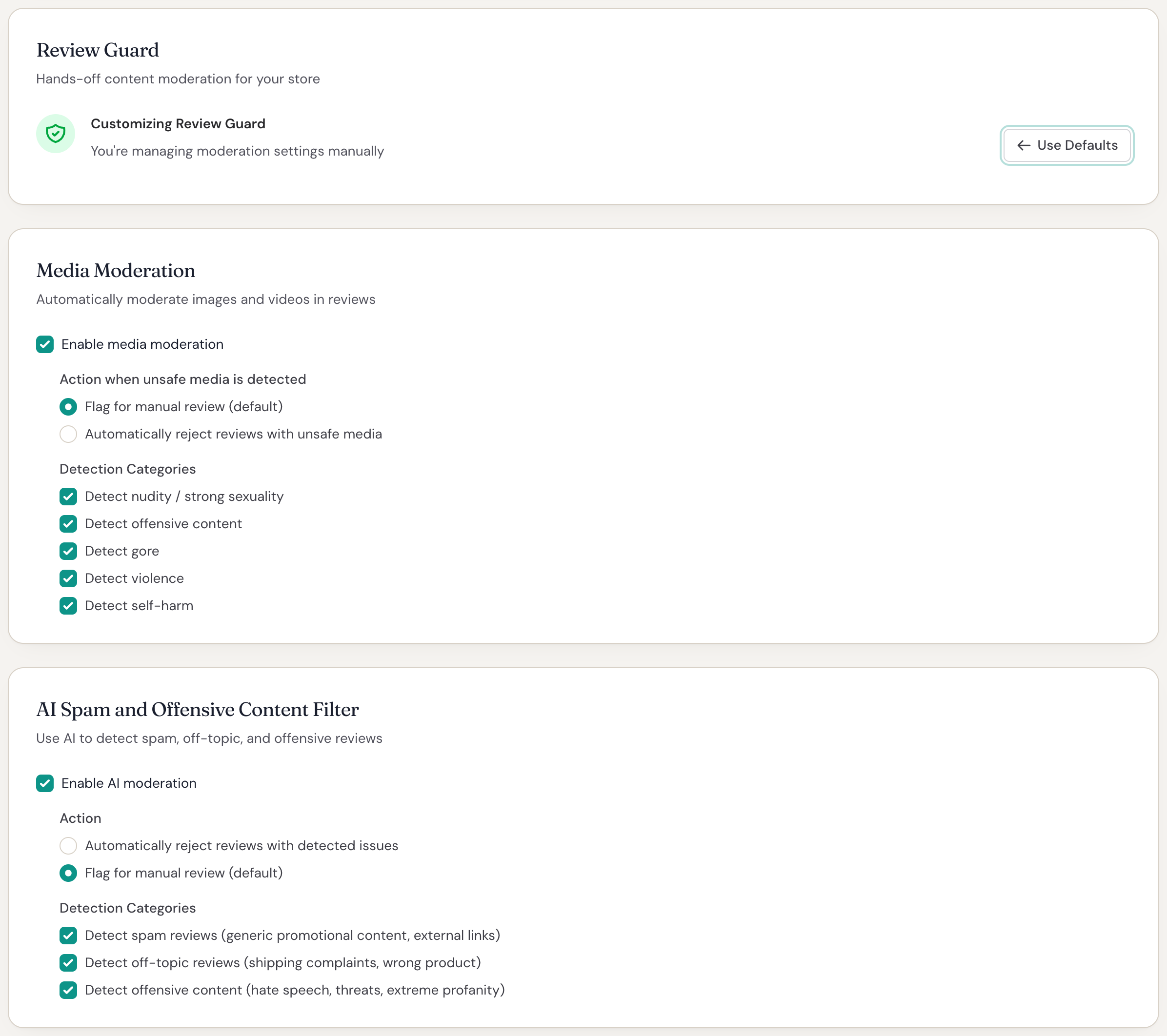 Review Guard moderation settings in Reviewbird