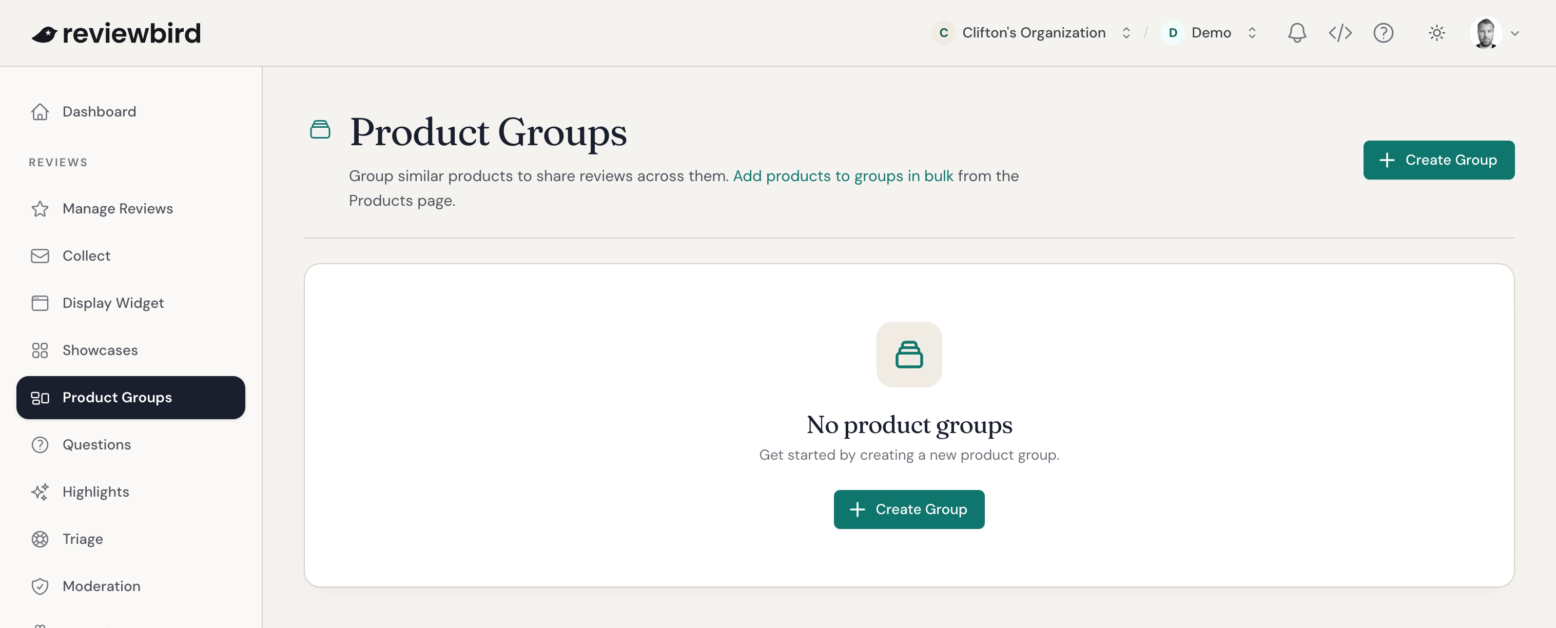 The demo store Product Groups page with the Create Group button
