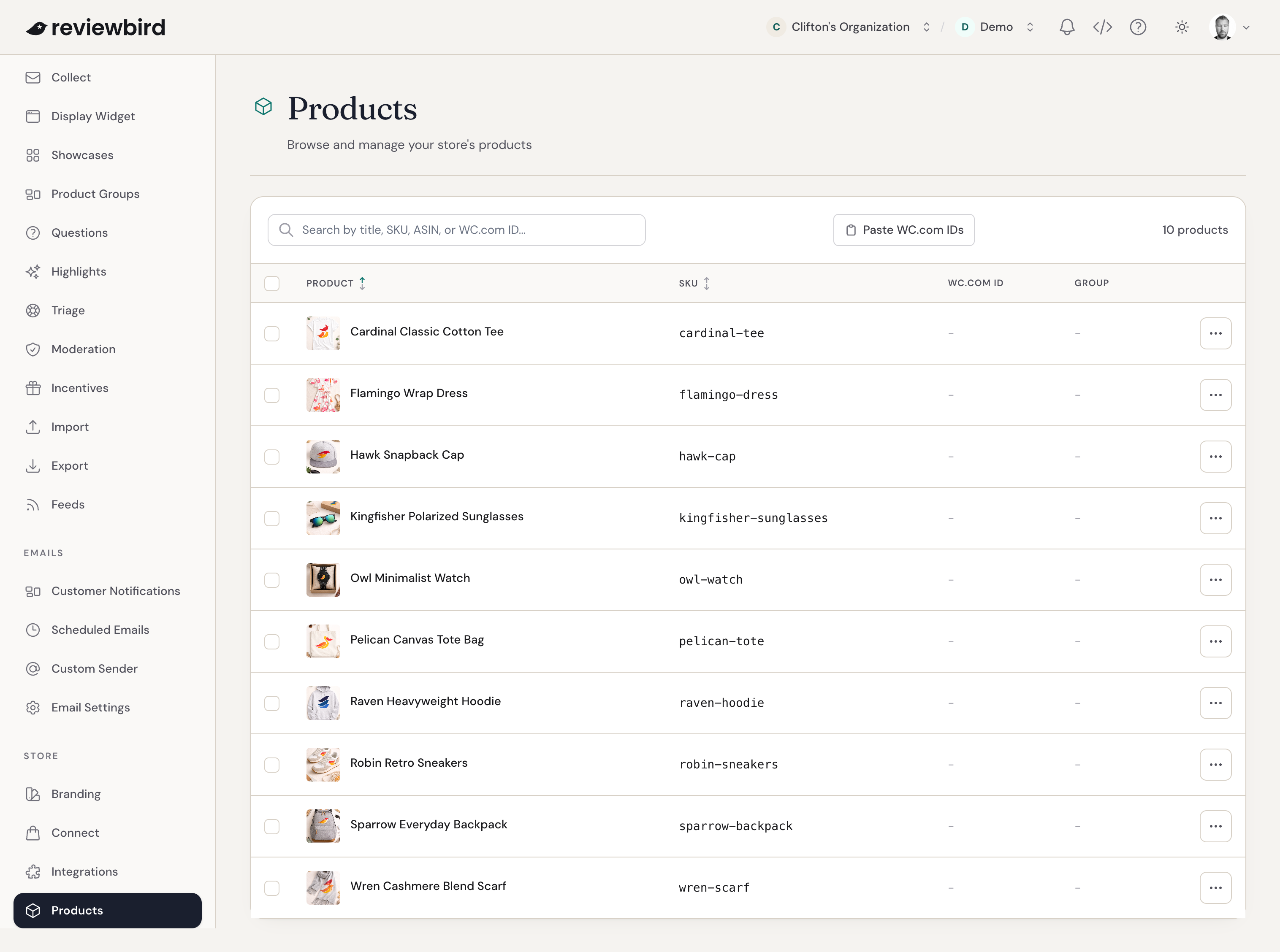 The Products page listing synced products with SKU, group, and action columns