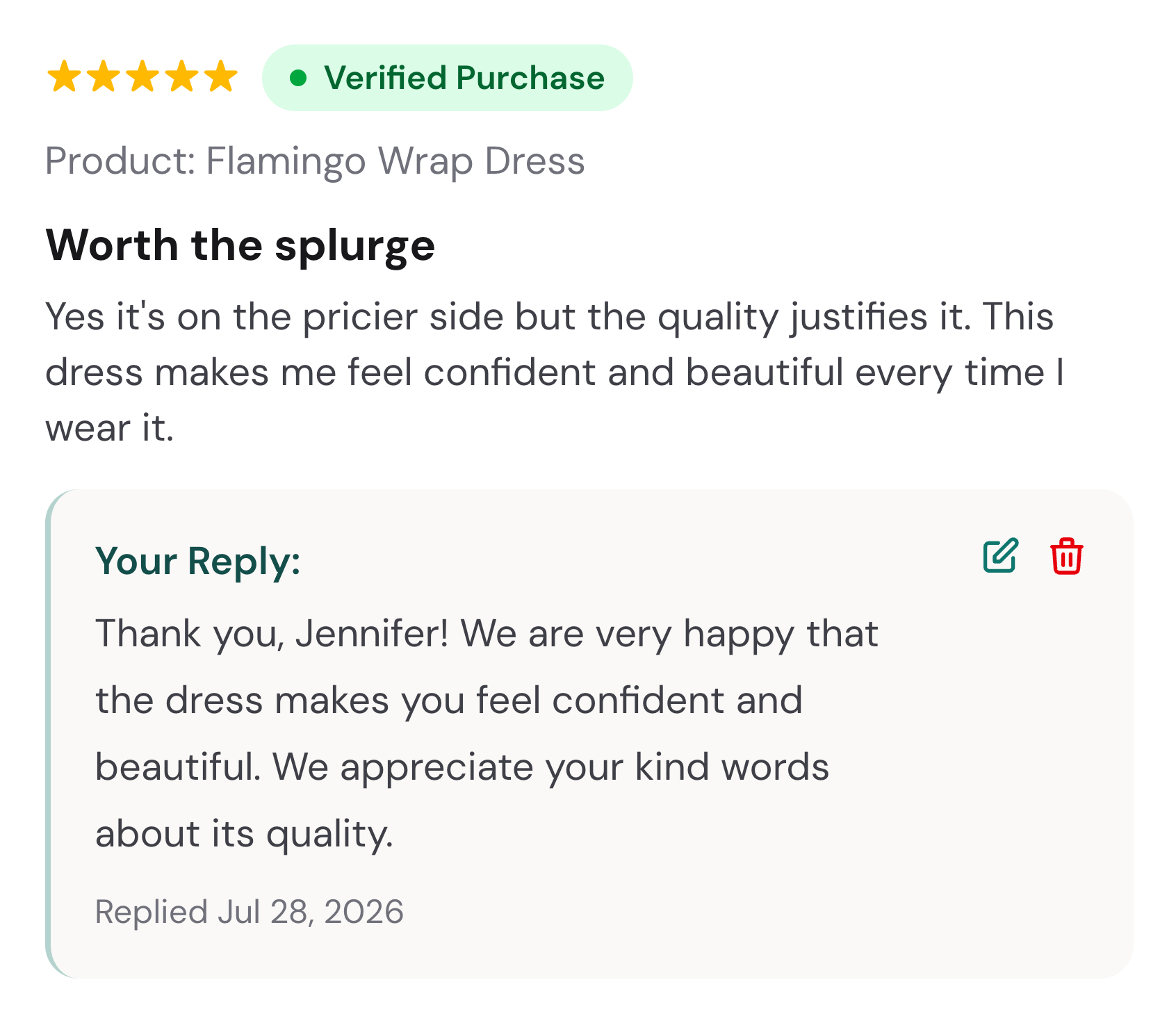 A public reply that an AI client published to a verified Reviewbird product review.