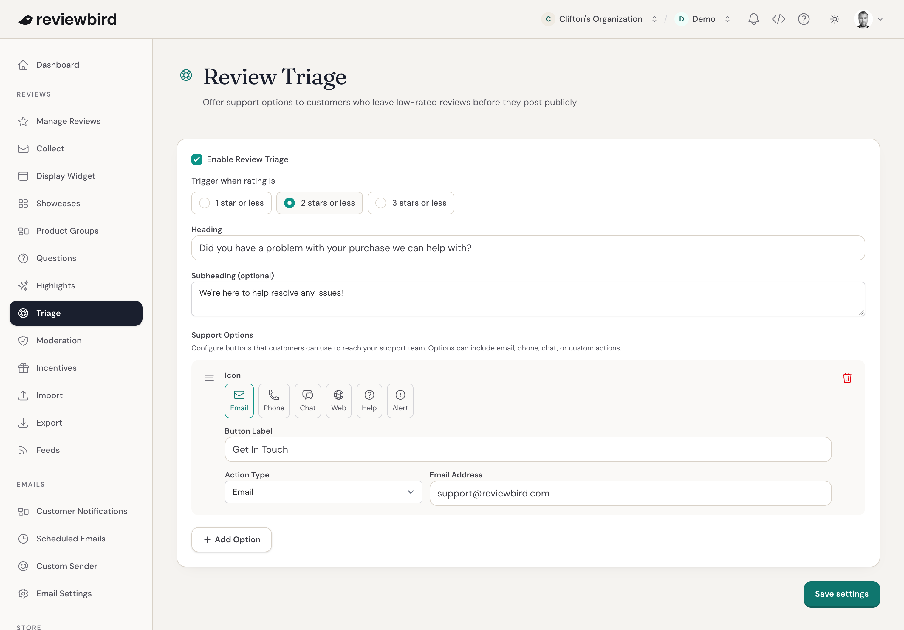 A screenshot of the interface for adding Review Triage support options