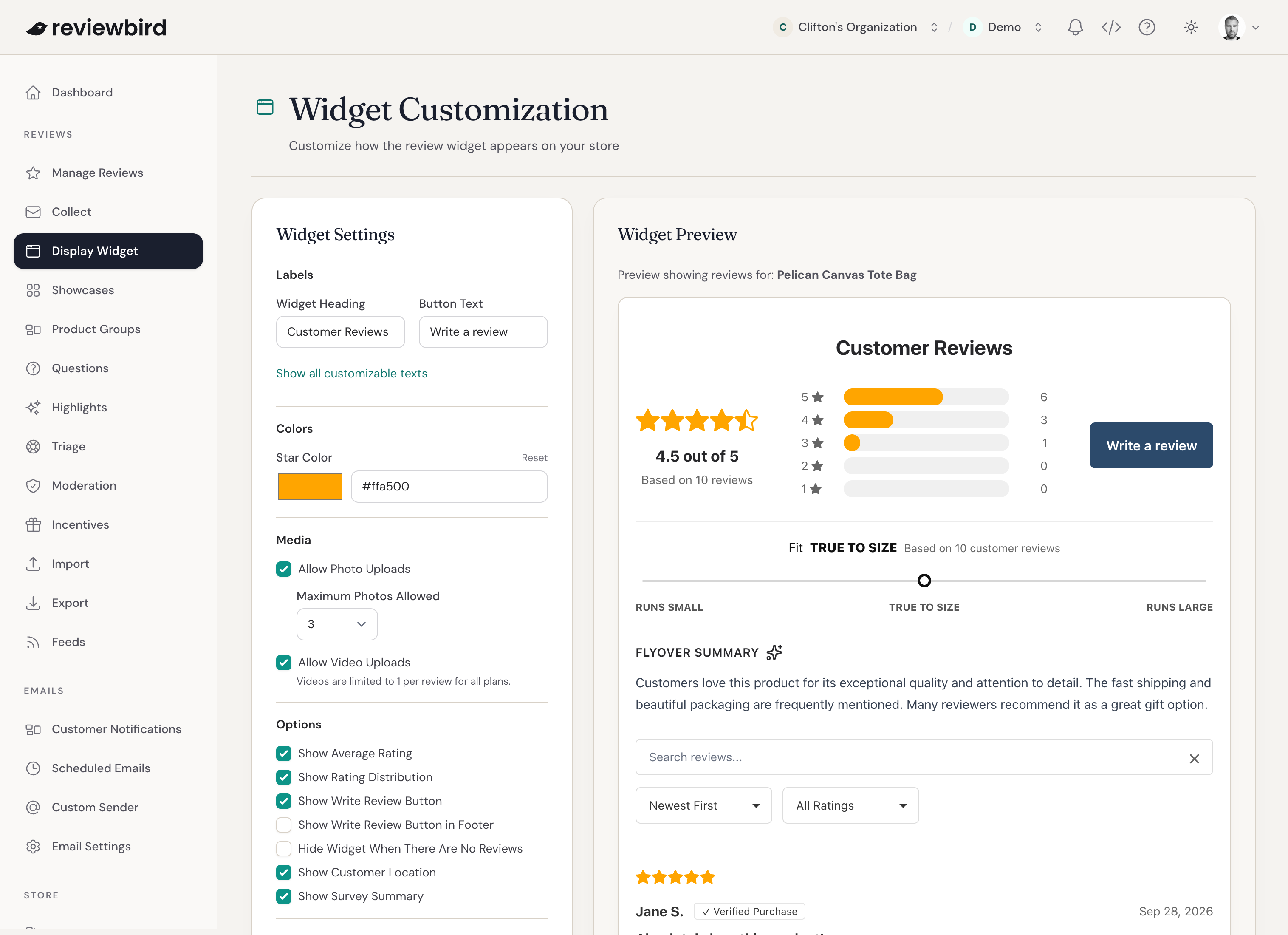 The Widget Customization page with settings on the left and a live preview of the review widget on the right