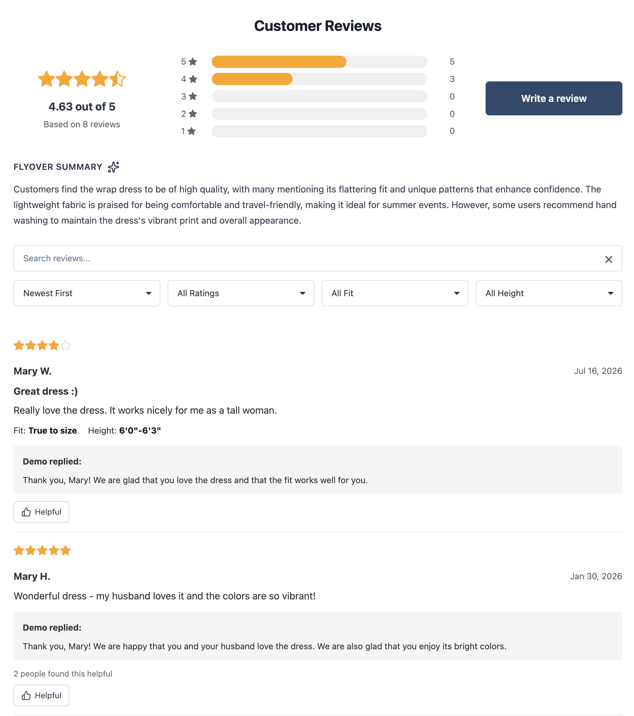 A searchable Reviewbird product review display with a rating summary and customer reviews.