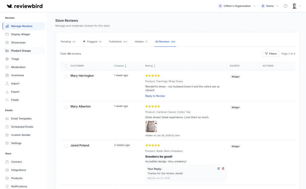 A screenshot showing the reviewbird dashboard