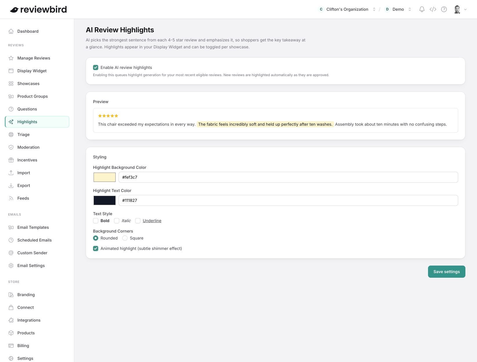 The Reviewbird AI Review Highlights page with the enable control, preview, color controls, text styles, corner styles, and animation control.