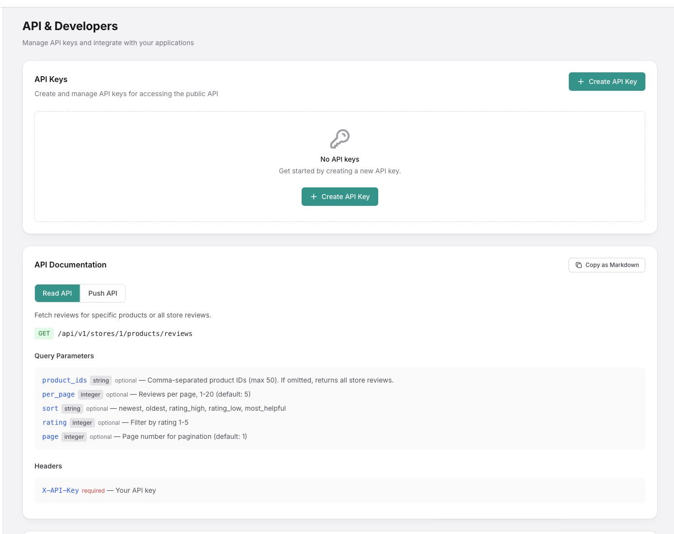 The API and Developers page with the API Keys and API Documentation sections