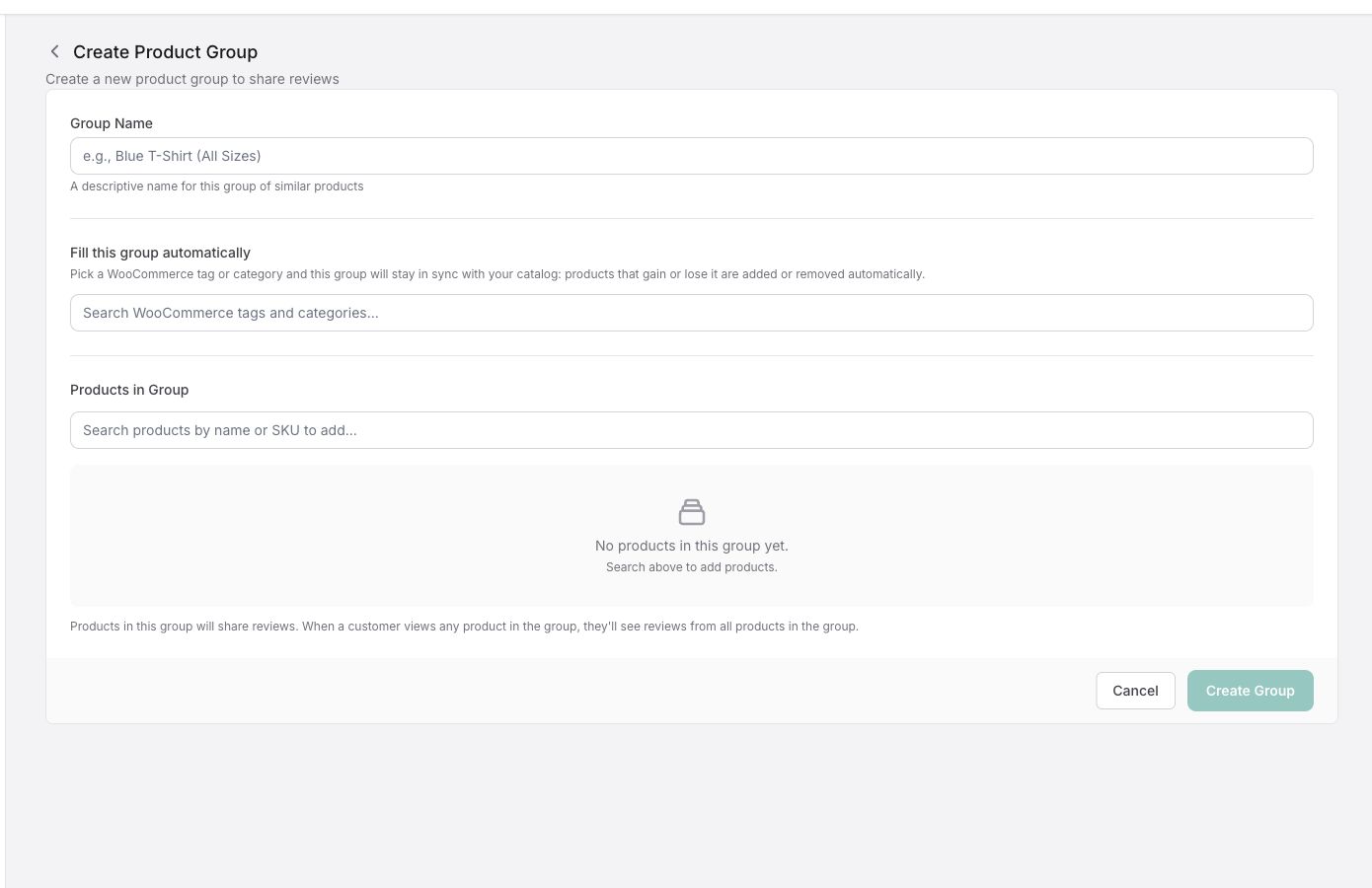 The Create Product Group page with the automatic fill field