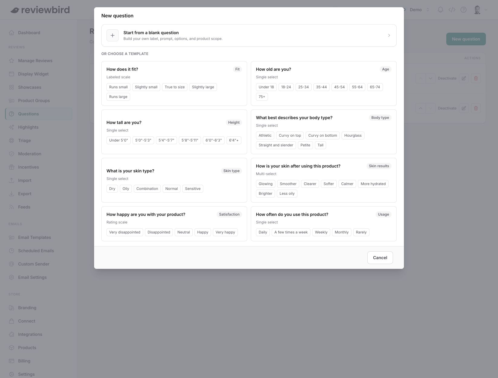 The Reviewbird New question window with a blank question option and eight question templates.