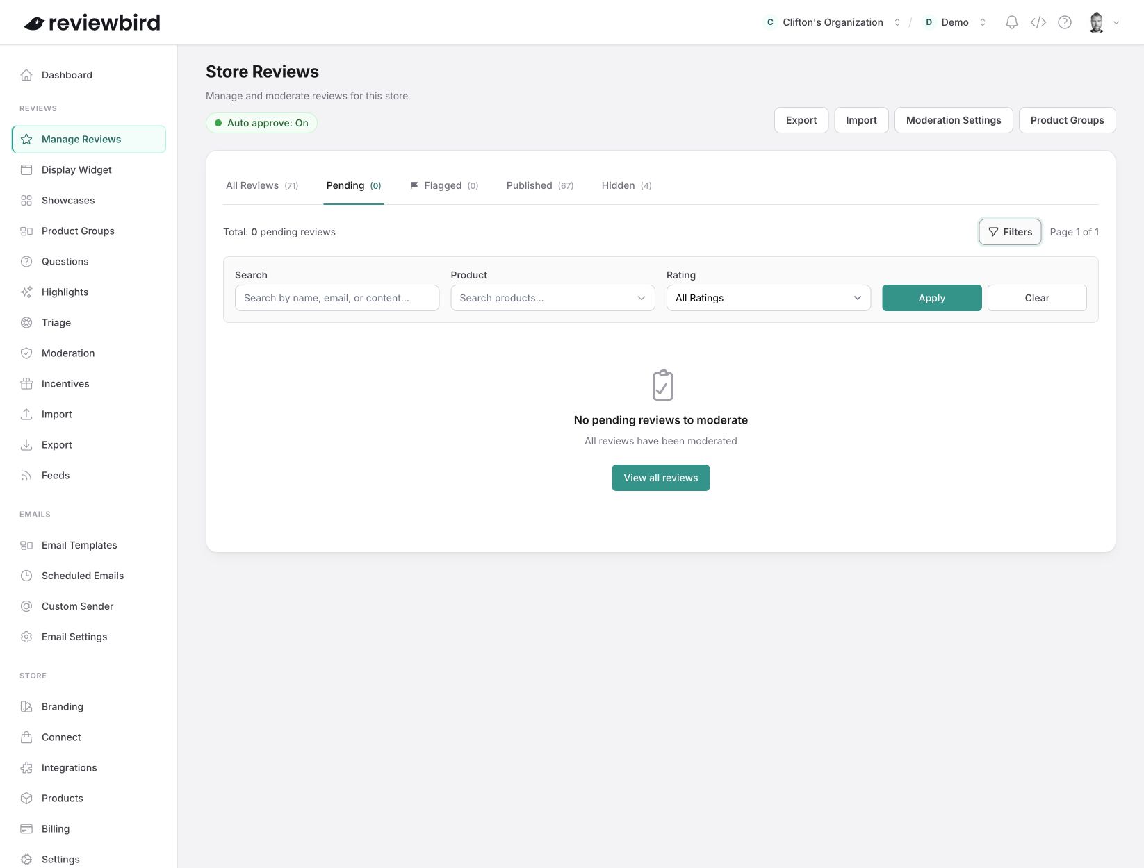 The Store Reviews page with status tabs and filters for search, product, and rating.