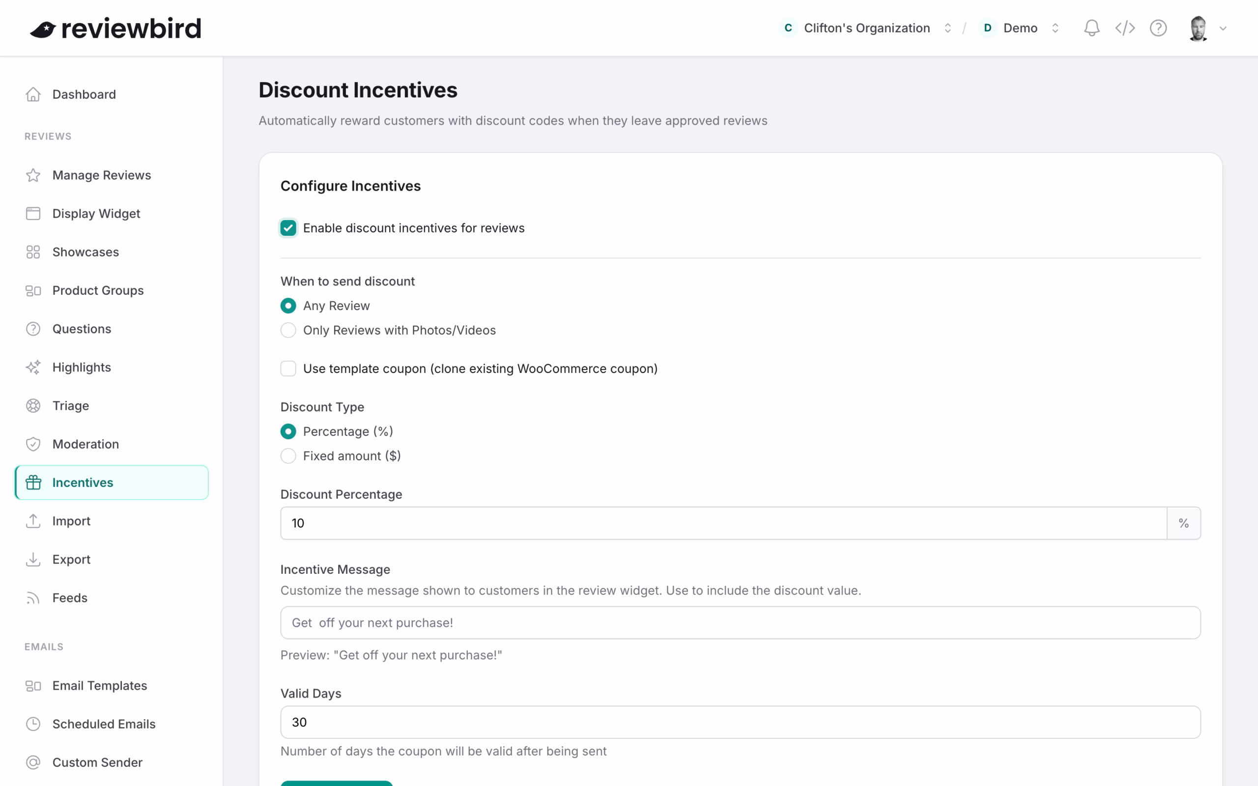 Reviewbird discount incentive settings: photo and video review trigger, WooCommerce coupon options, and discount amount