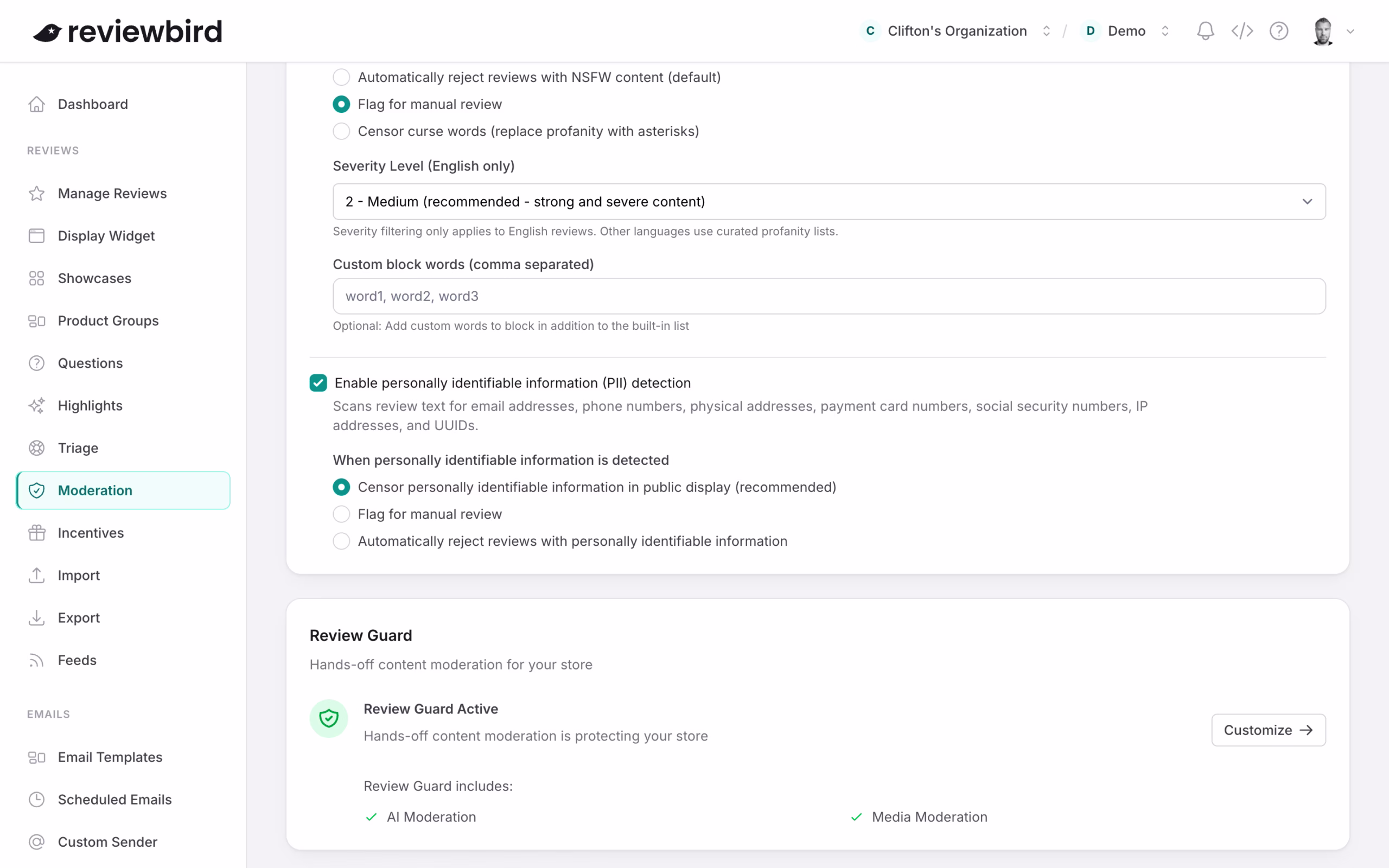 Review Guard settings in Reviewbird: hands-off AI content moderation for your store