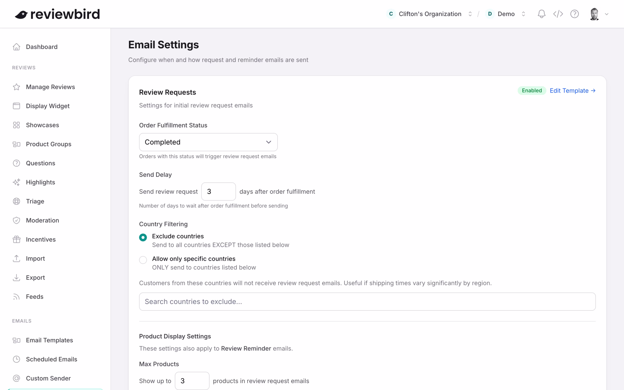 Reviewbird review request settings: order status trigger, send delay, and country filtering