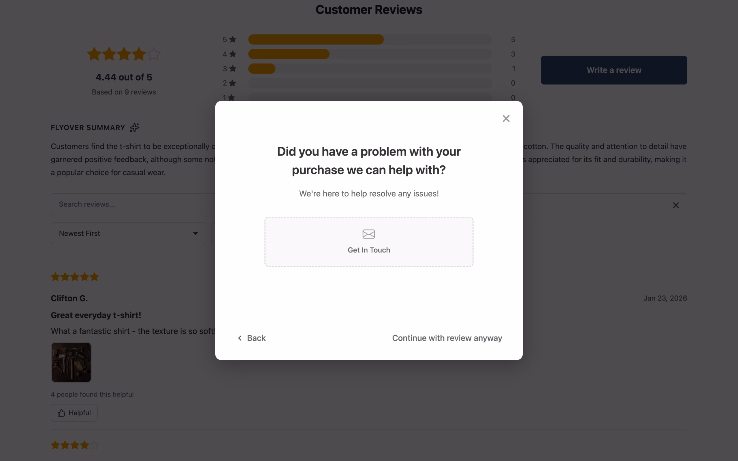 Reviewbird Review Triage offering support to a customer who selected a low rating, with the option to continue with their review