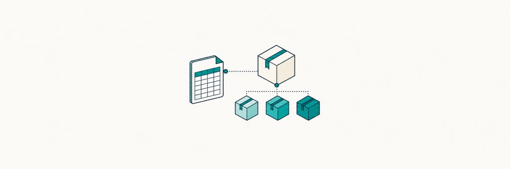 A spreadsheet connects one parent product to three product variations