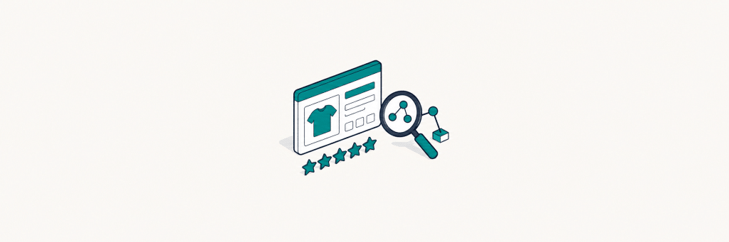 A magnifying glass checks product review structured data and rating stars